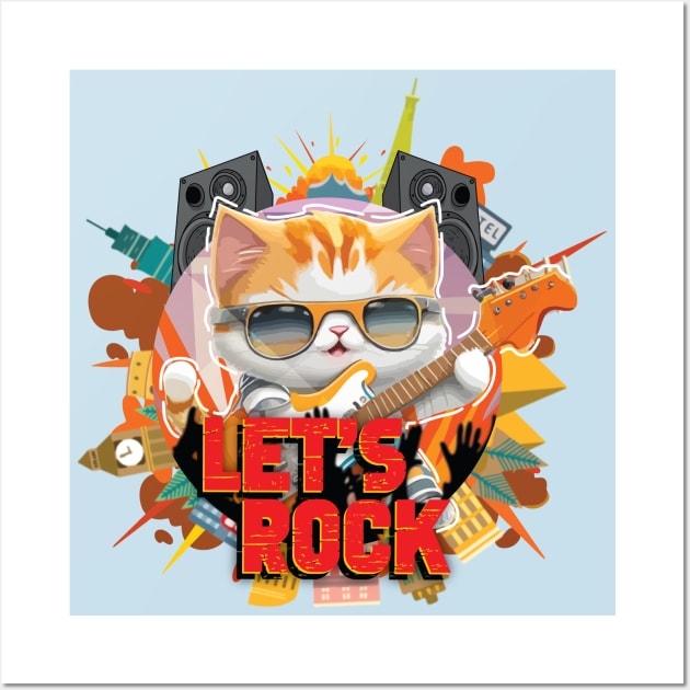 Pets, Cute Kitty Let's Rock Wall Art by AqlShop